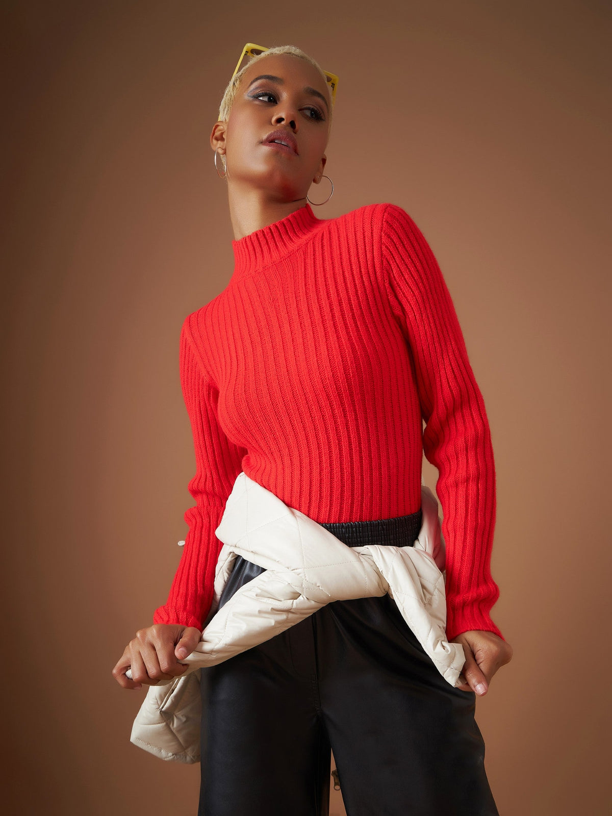 Red Rib Full Sleeves High Neck Sweater-SASSAFRAS