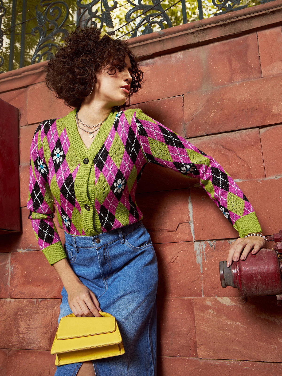 Green Geometric Front Open Wool Cardigan-SASSAFRAS