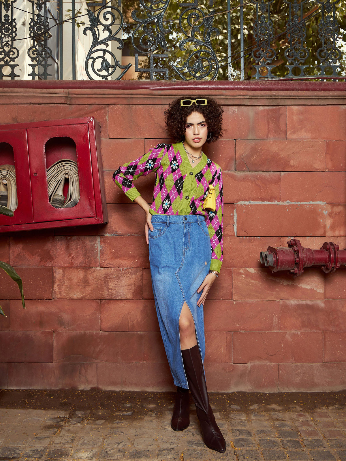 Green Geometric Front Open Wool Cardigan-SASSAFRAS
