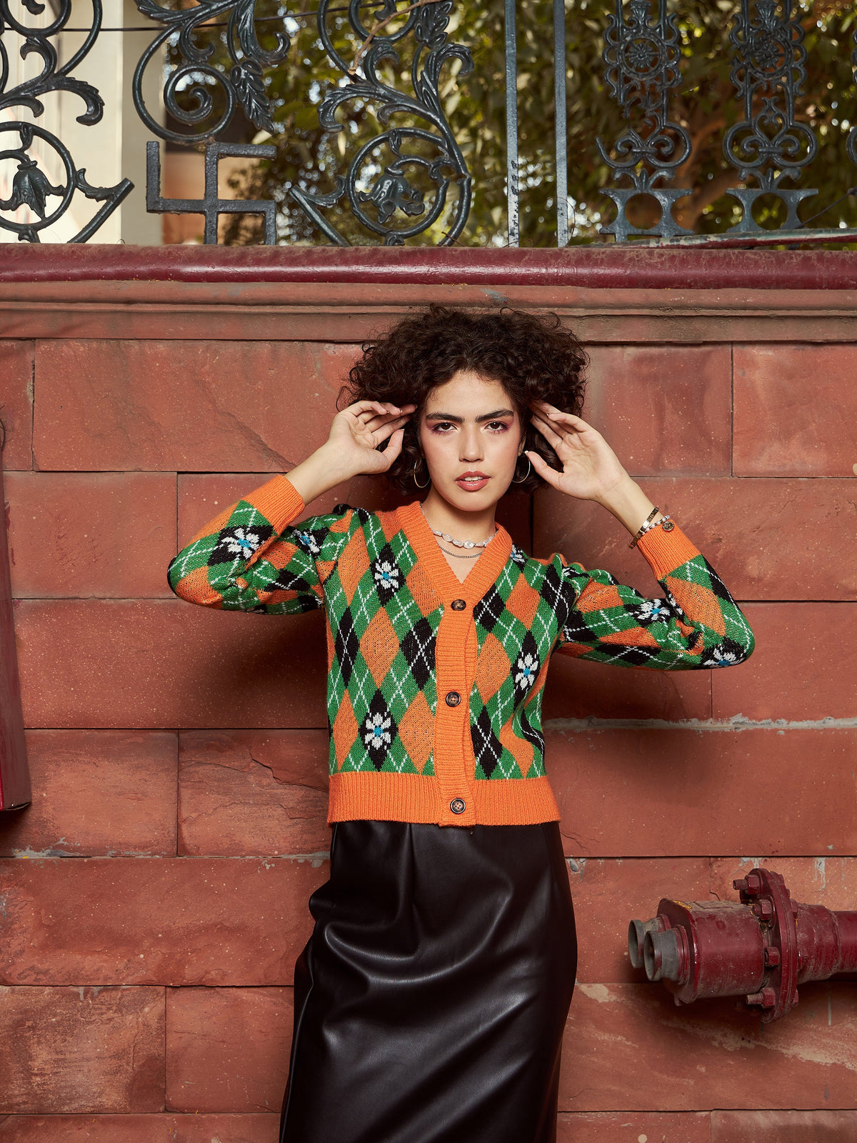 Orange Geometric Front Open Wool Cardigan-SASSAFRAS