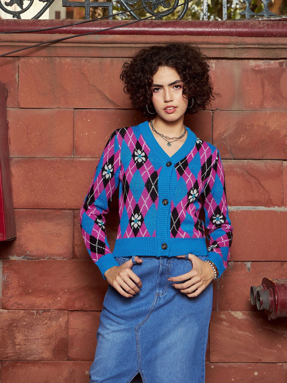 Blue Geometric Front Open Wool Cardigan-SASSAFRAS