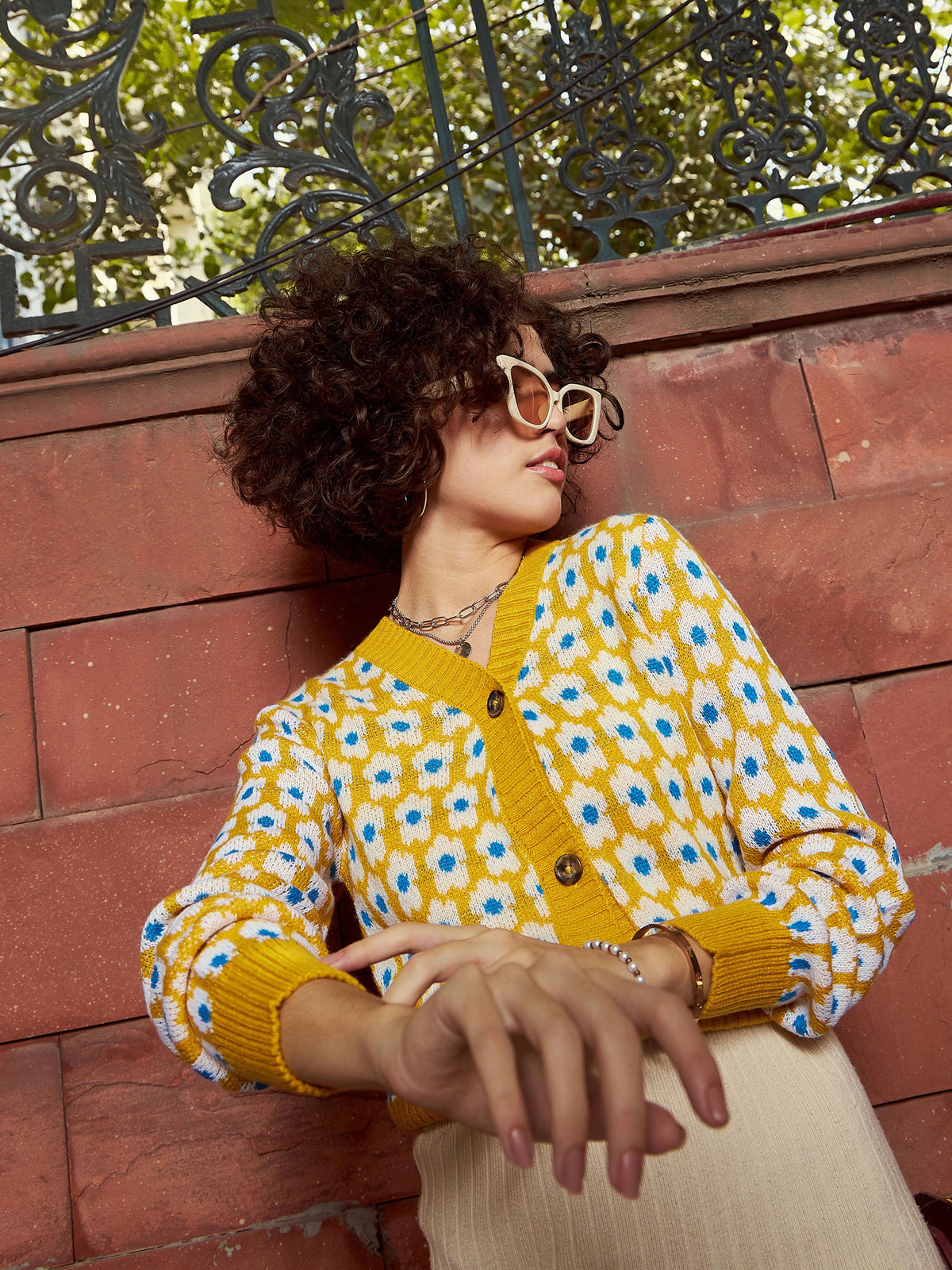 Mustard Floral Front Open Wool Cardigan-SASSAFRAS