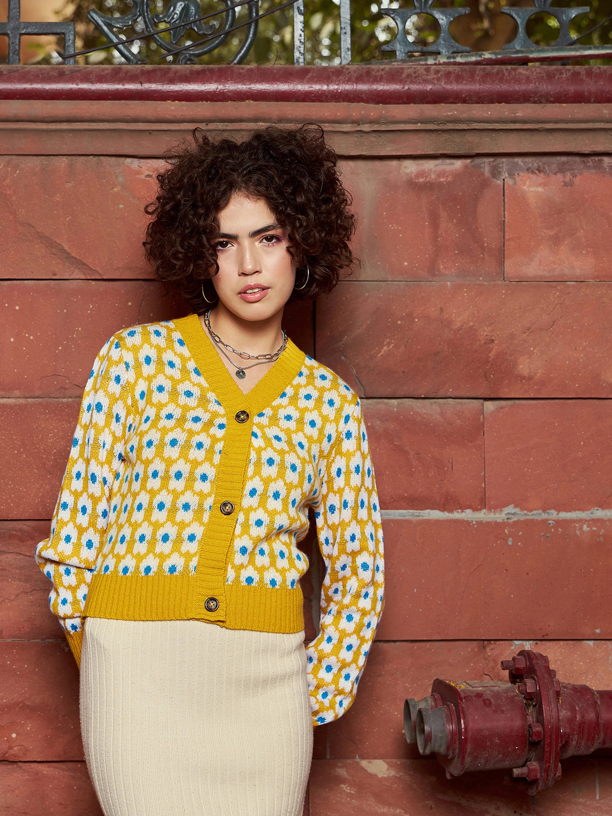 Mustard Floral Front Open Wool Cardigan-SASSAFRAS