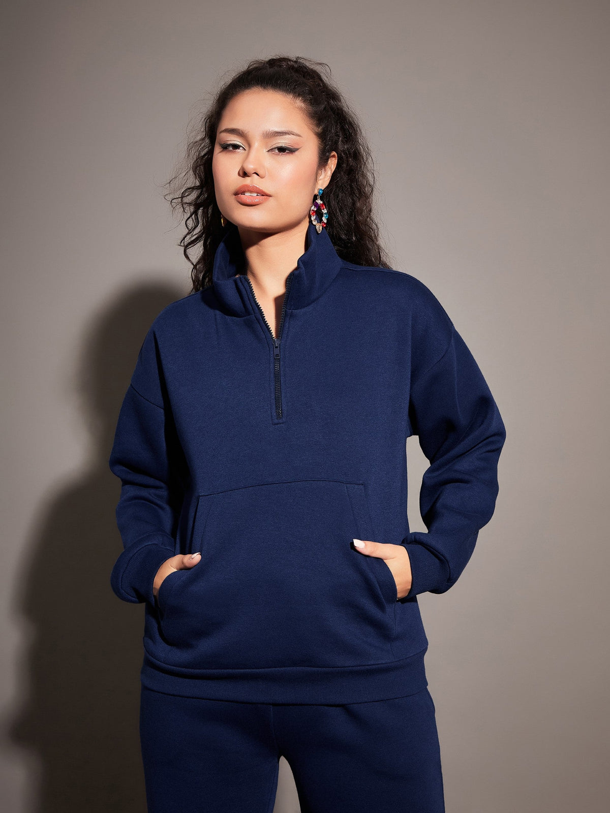 Navy Fleece Front Zipper Sweatshirt-SASSAFRAS