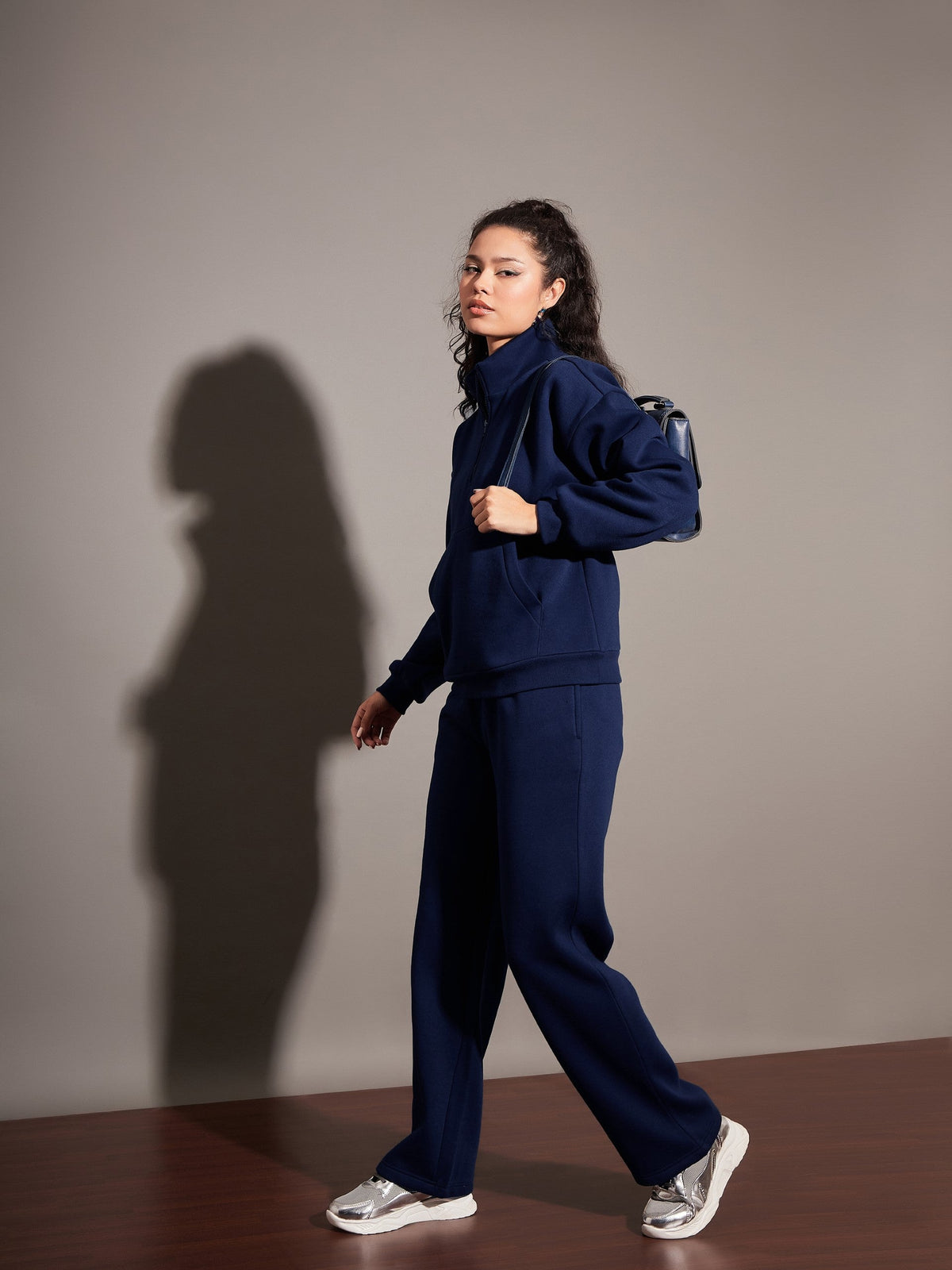 Navy Fleece Front Zipper Sweatshirt-SASSAFRAS