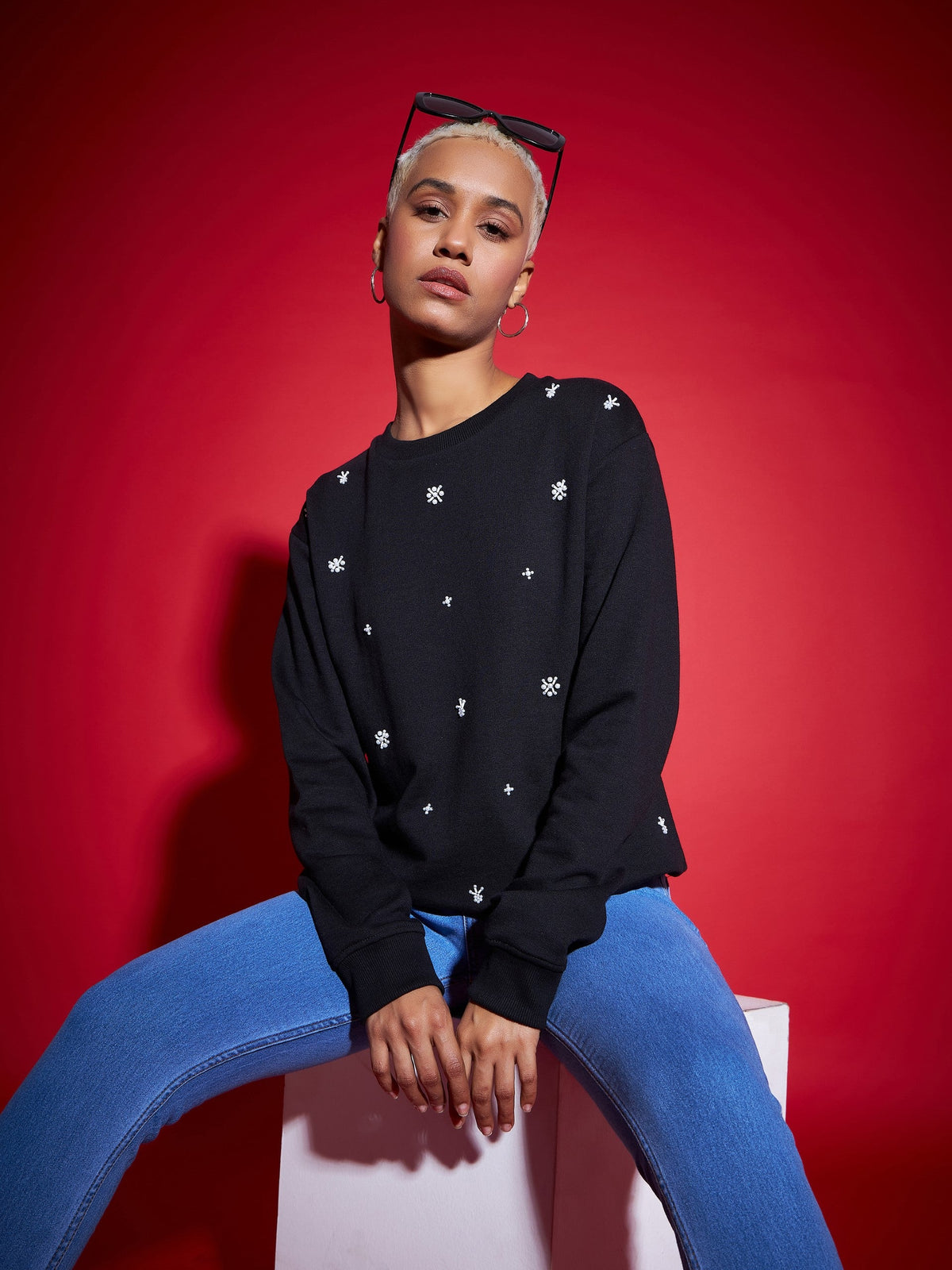 Black Terry All Over Pearl Sweatshirt-SASSAFRAS
