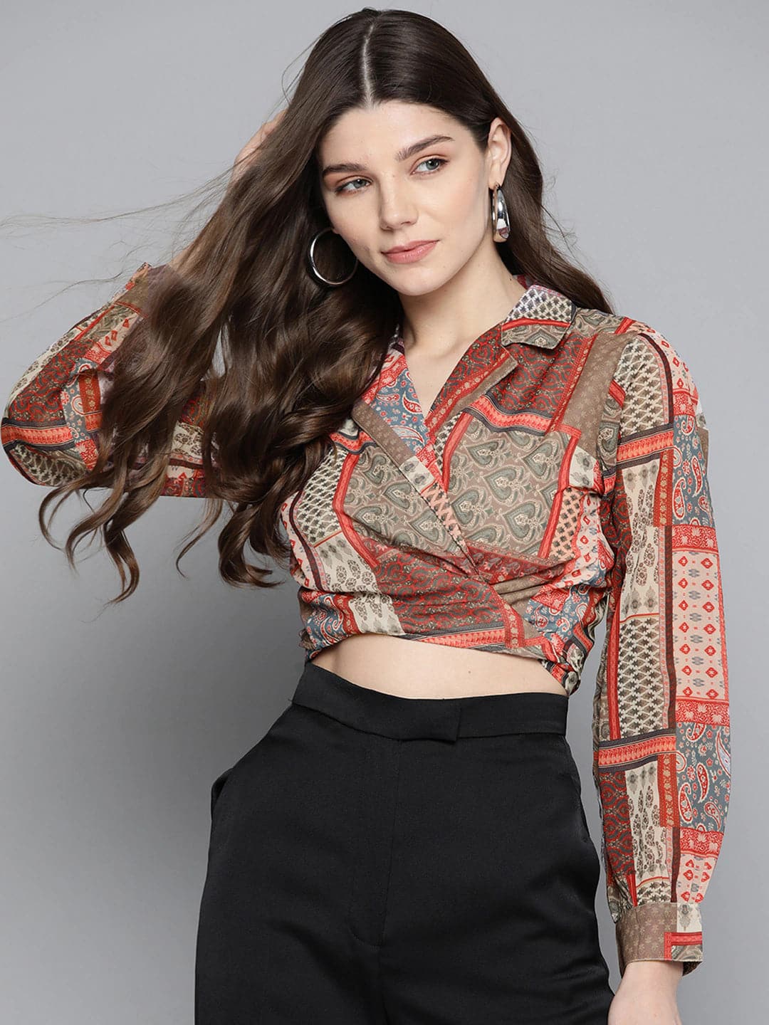 Brown Patch Tie Knot Crop Shirt Top-Tops-SASSAFRAS