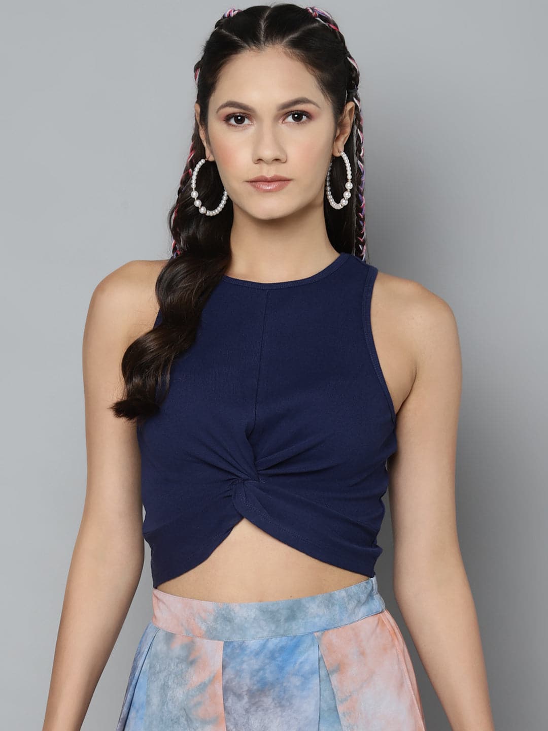 Buy Women Navy Blue Front Knot Crop Top Online At Best Price ...