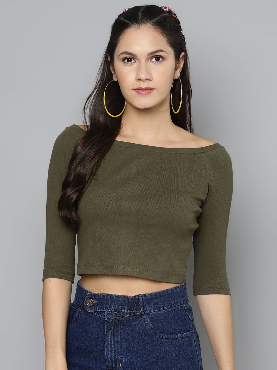 Olive Bardot Crop Top-Tops-SASSAFRAS