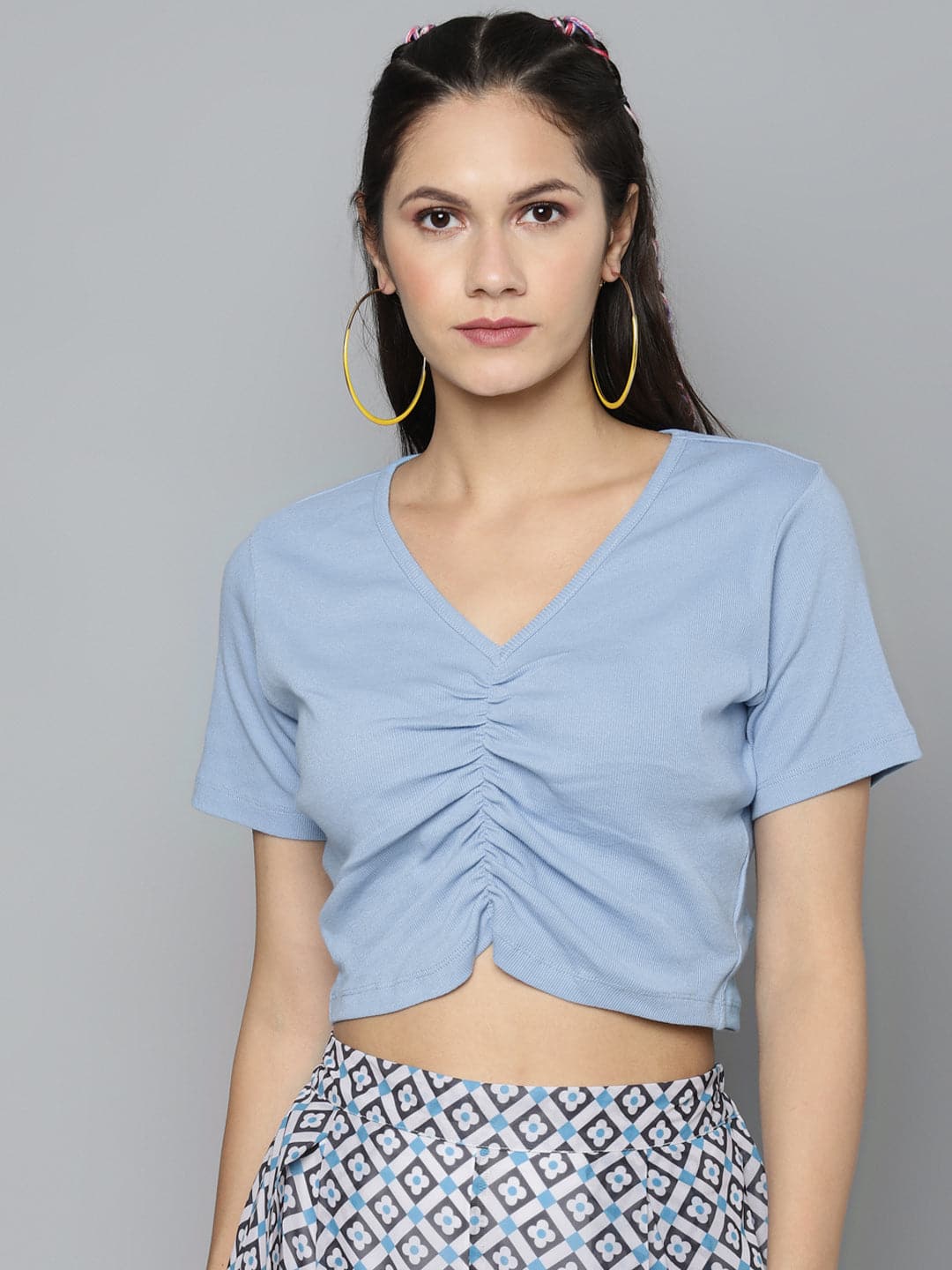 Blue Gather Detail Crop Top-Tops-SASSAFRAS