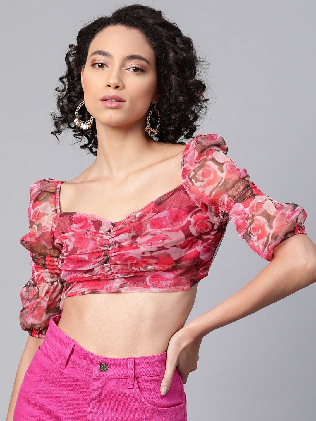Buy Women Red Floral Puff Sleeve Crop Top Online At Best Price ...