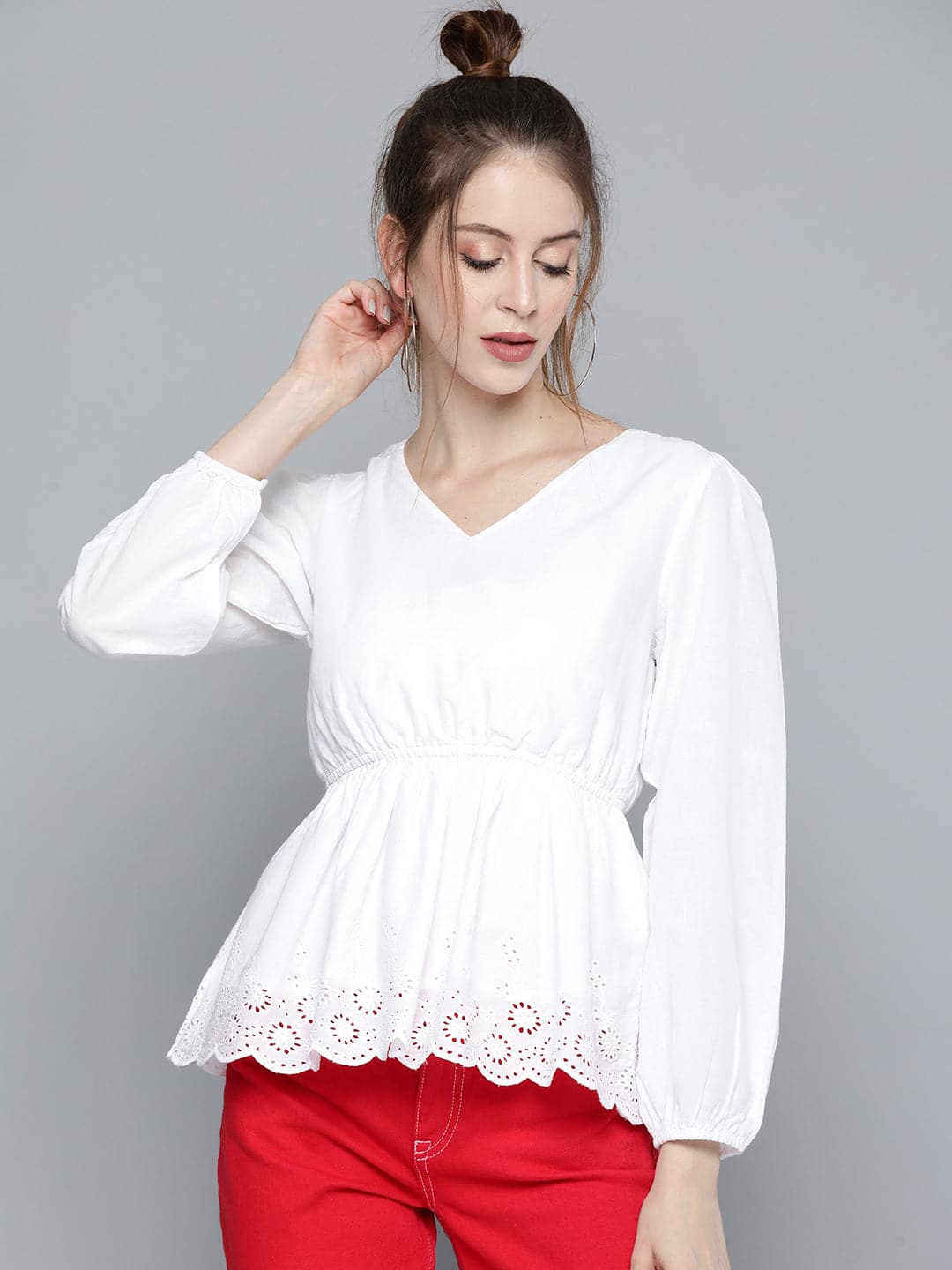 Buy Women White Schiffli V-Neck Peplum Top Online At Best Price