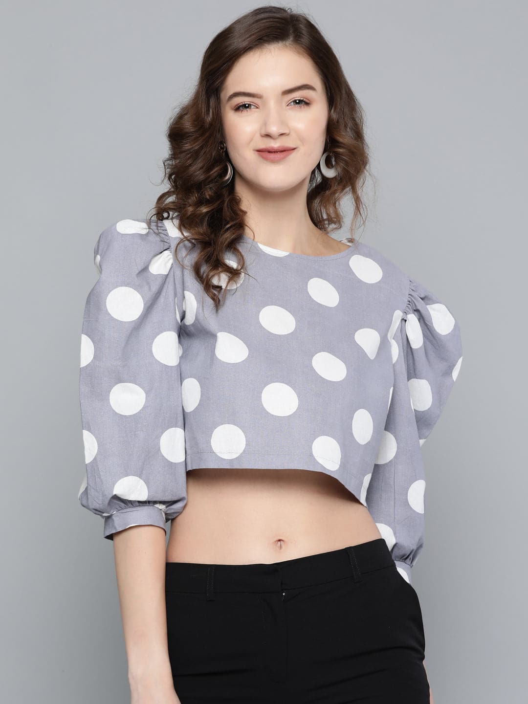 Buy Grey White Polka Puff Sleeve Crop Top Online At Best Price