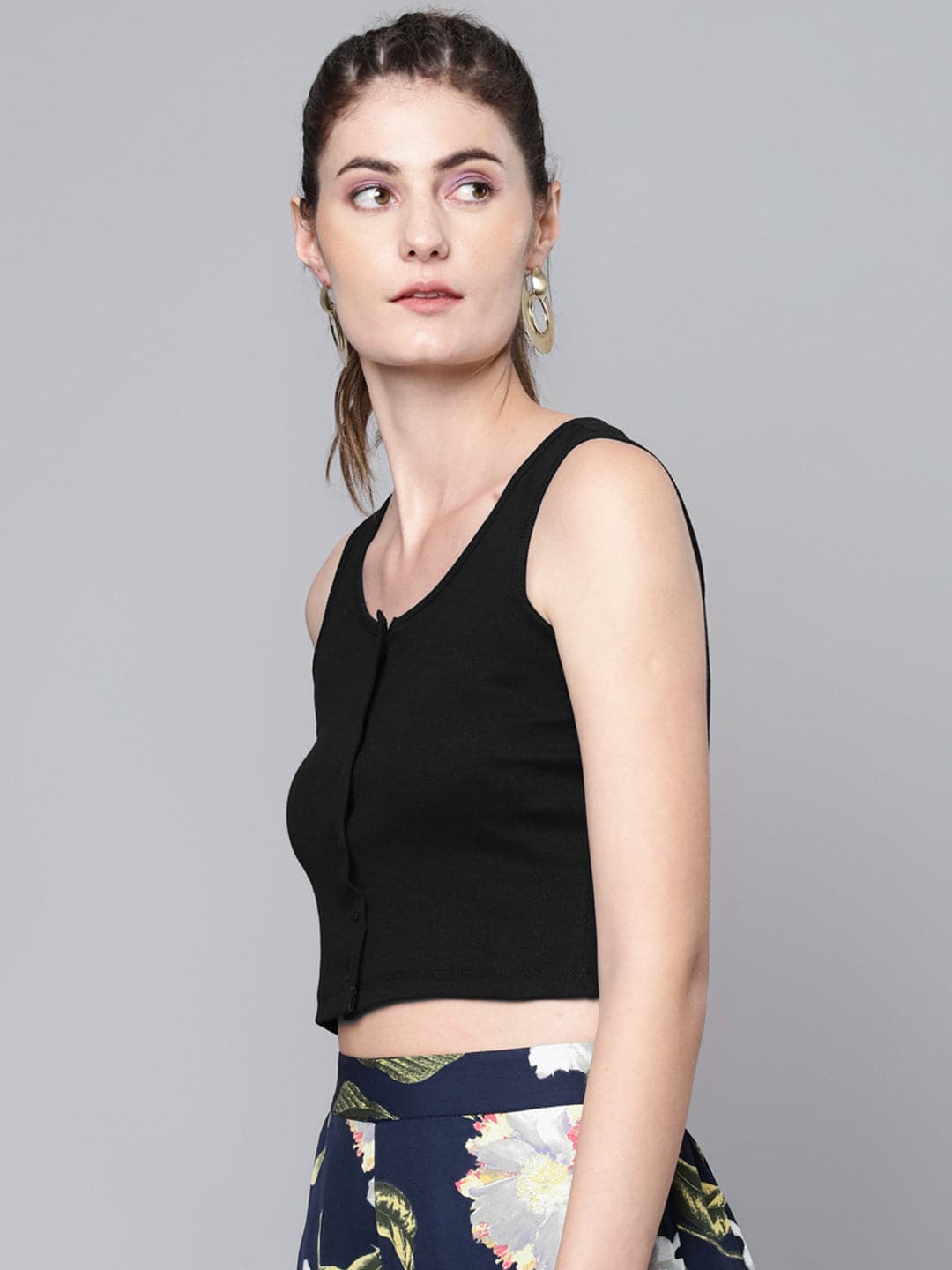 Black Front Button Sleeveless Rib Crop Top-Tops-SASSAFRAS