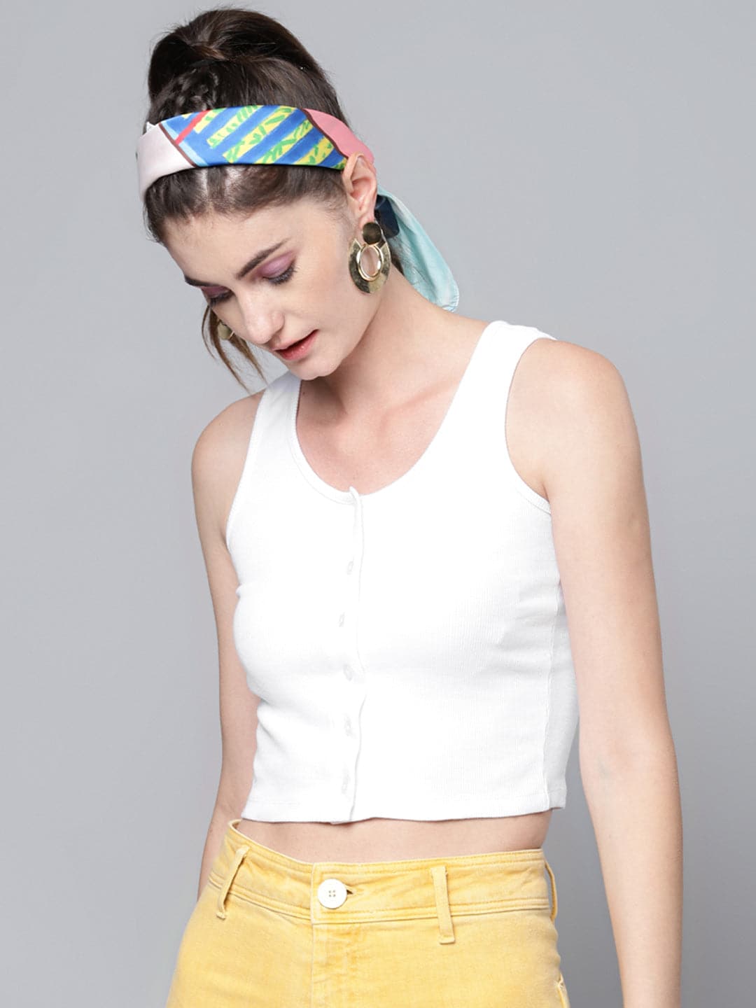 White Front Button Sleeveless Rib Crop Top-Tops-SASSAFRAS