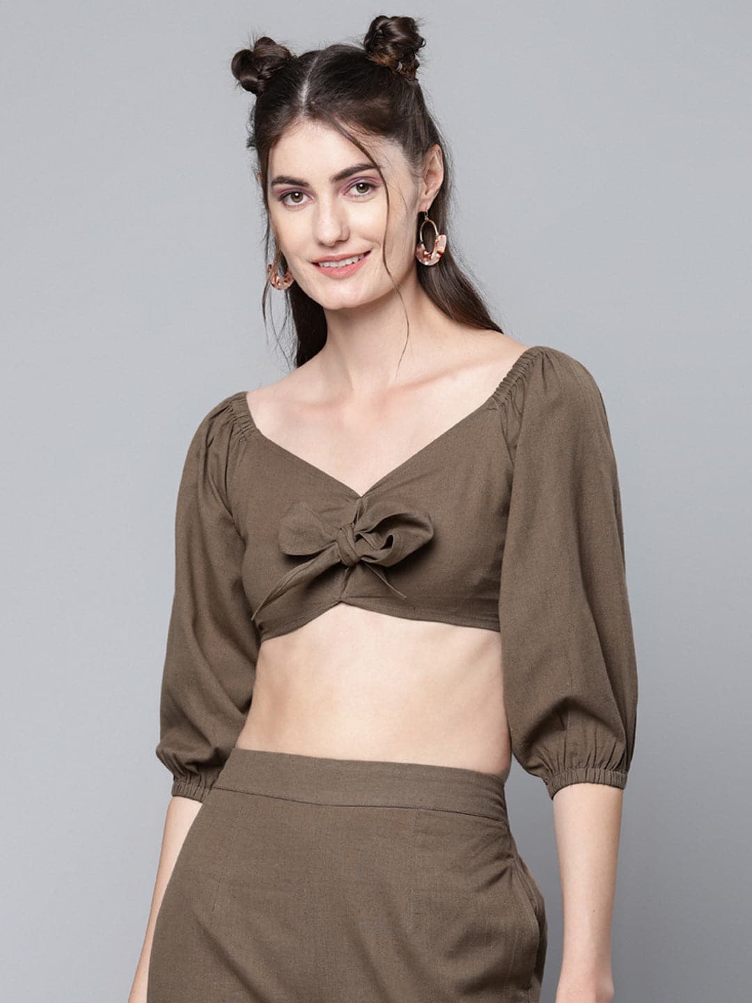 Buy Women Brown Cotton Linen Tie-Up Crop Top Online At Best Price 