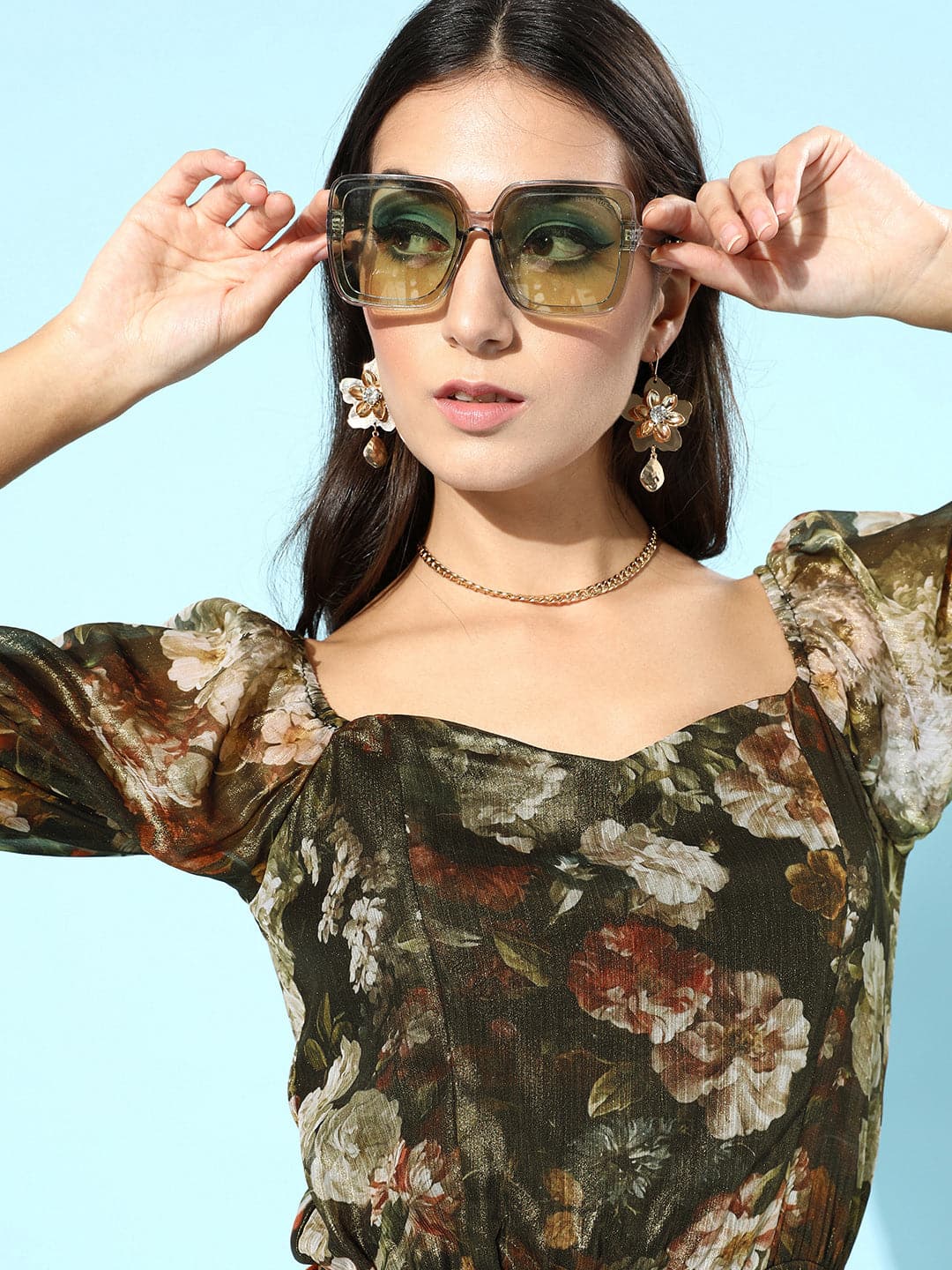 Green Floral Chiffon Puff Sleeves Top-Tops-SASSAFRAS