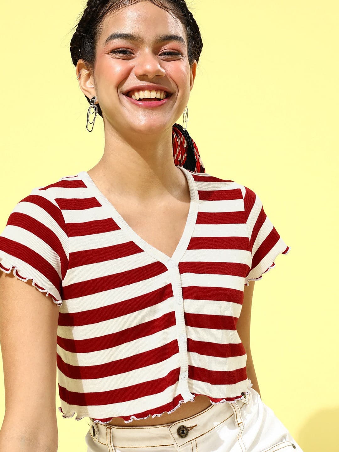 Red & White Stripe V-Neck Rib Crop Top-Tops-SASSAFRAS