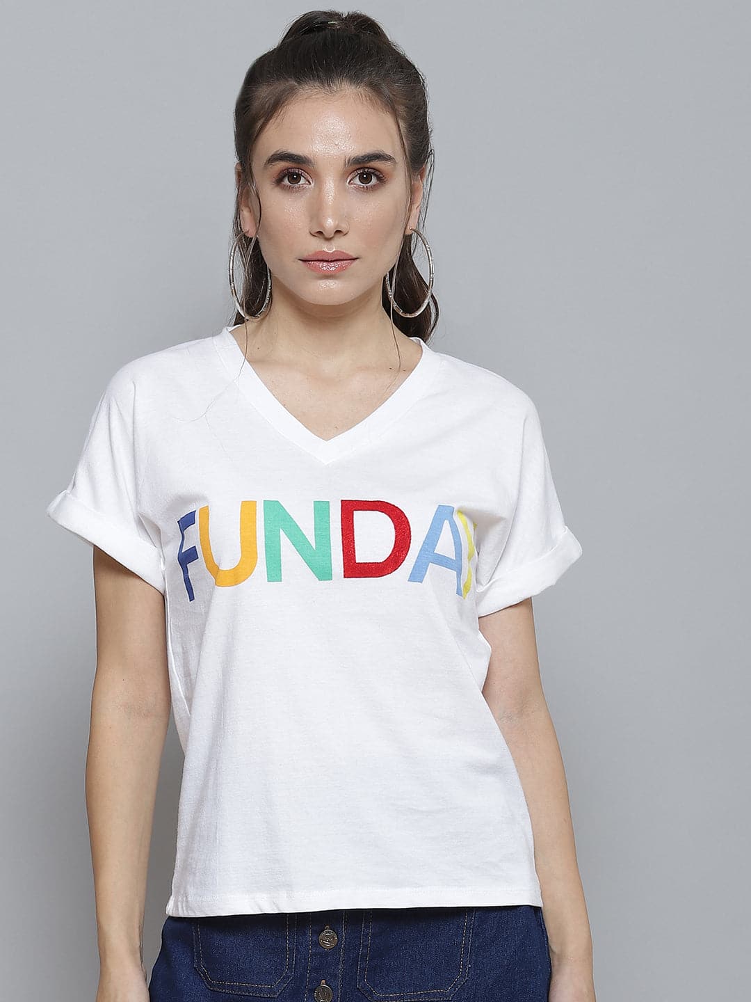 White FUNDAY Print V Neck T Shirt