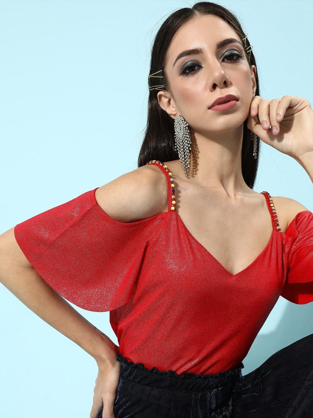 red cold shoulder shirt