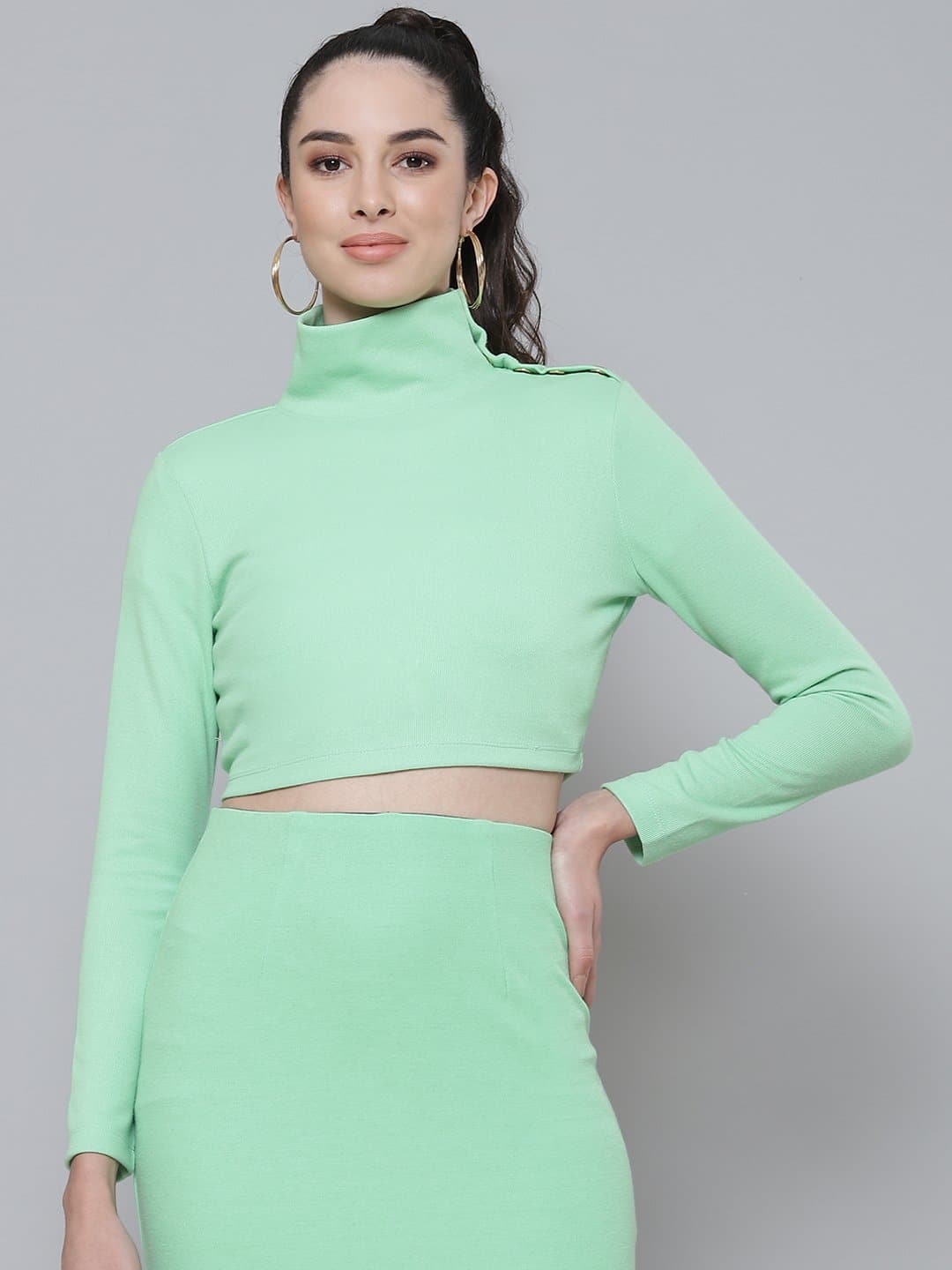 Mint Green Rib Turtle Buttoned Neck Crop Top-Tops-SASSAFRAS