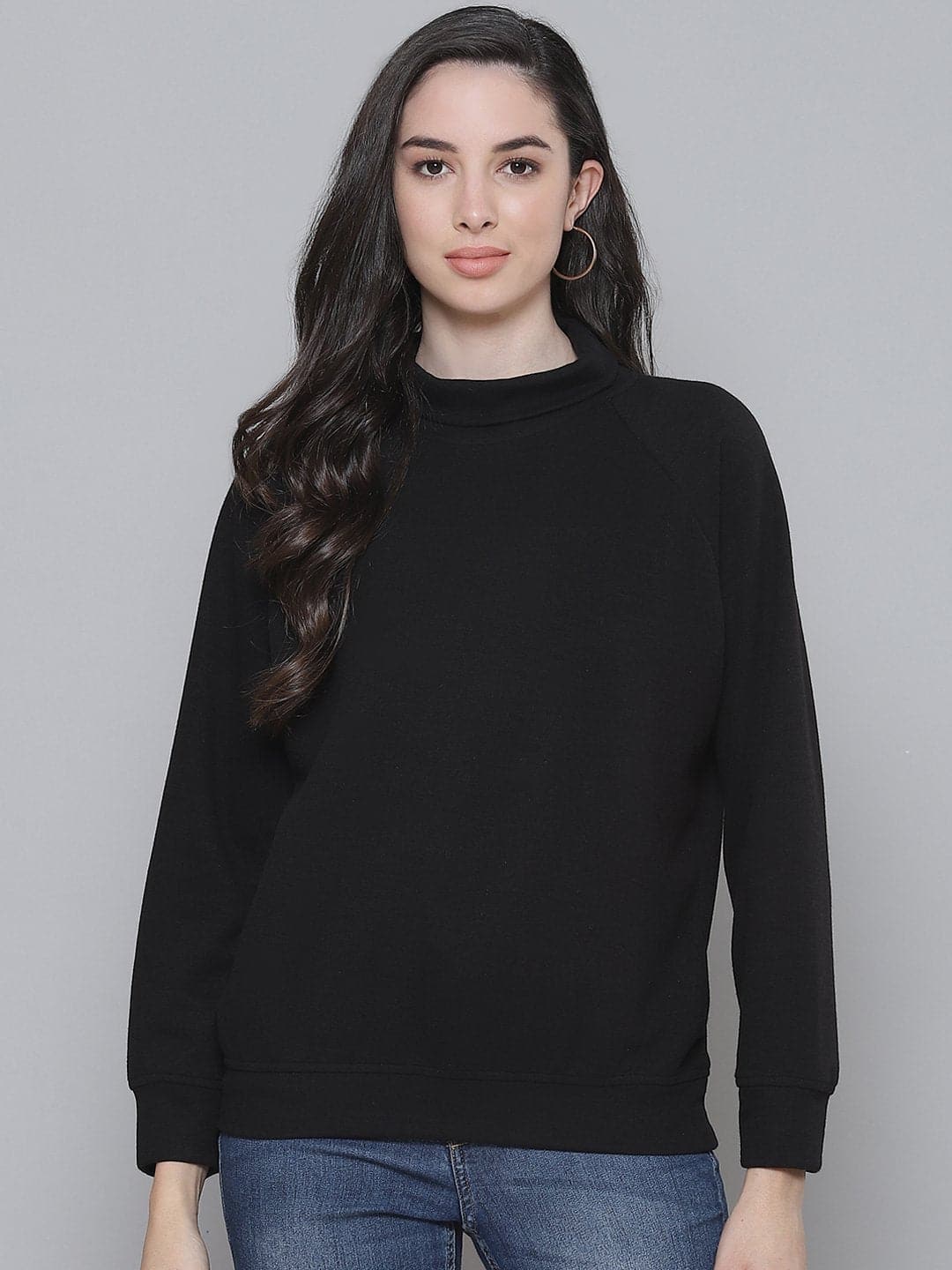 Black Rib Turtle Neck Raglan Sweat Top-Tops-SASSAFRAS