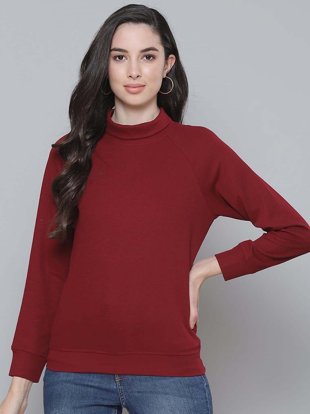 Maroon Rib Turtle Neck Raglan Sweat Top-Tops-SASSAFRAS