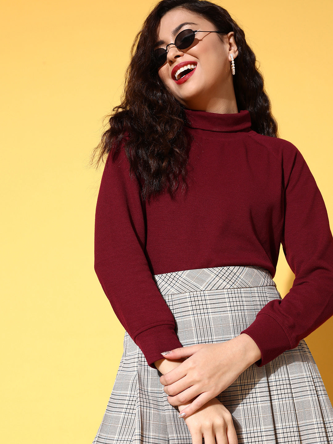 Maroon Rib Turtle Neck Raglan Sweat Top -SASSAFRAS