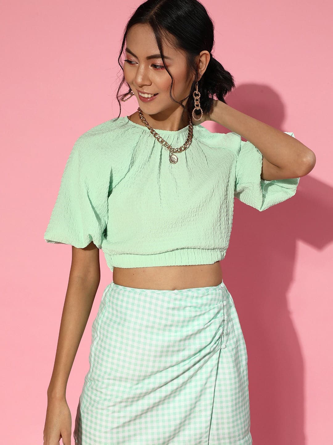 Women Mint Green Balloon Sleeve Boxy Crop Top-Tops-SASSAFRAS