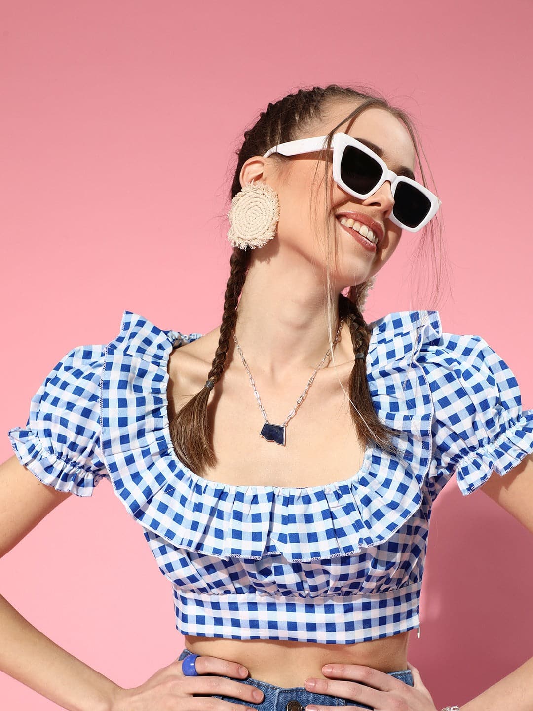 Women Blue Gingham Check Layered Crop Top-Tops-SASSAFRAS