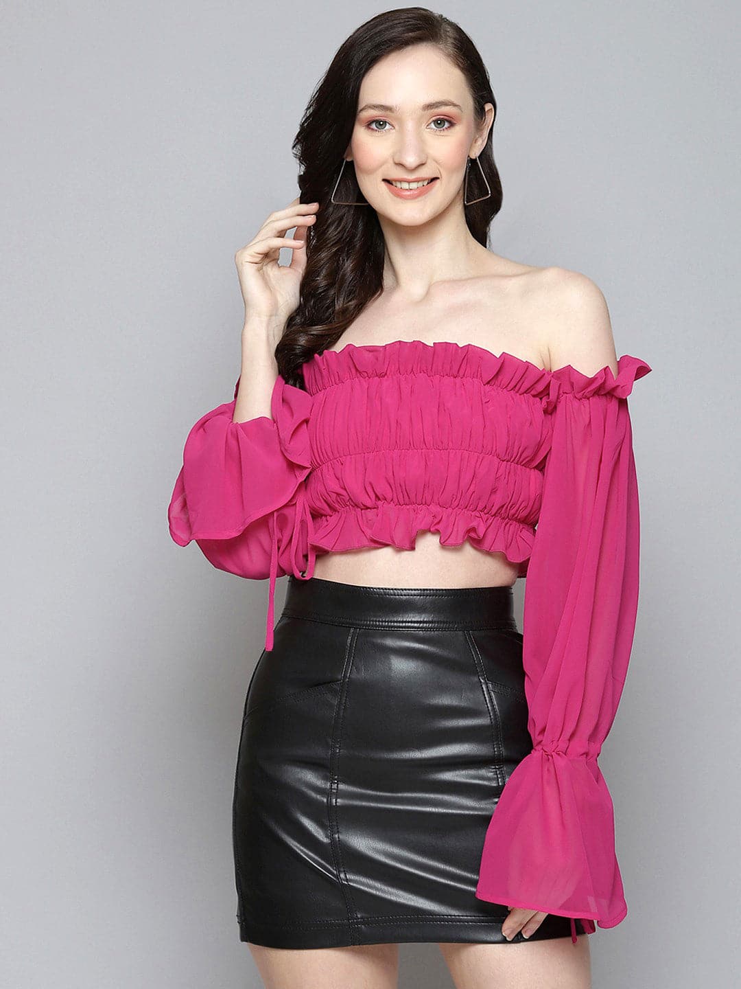 Women Fuchsia Off Shoulder Ruched Crop Top-Tops-SASSAFRAS