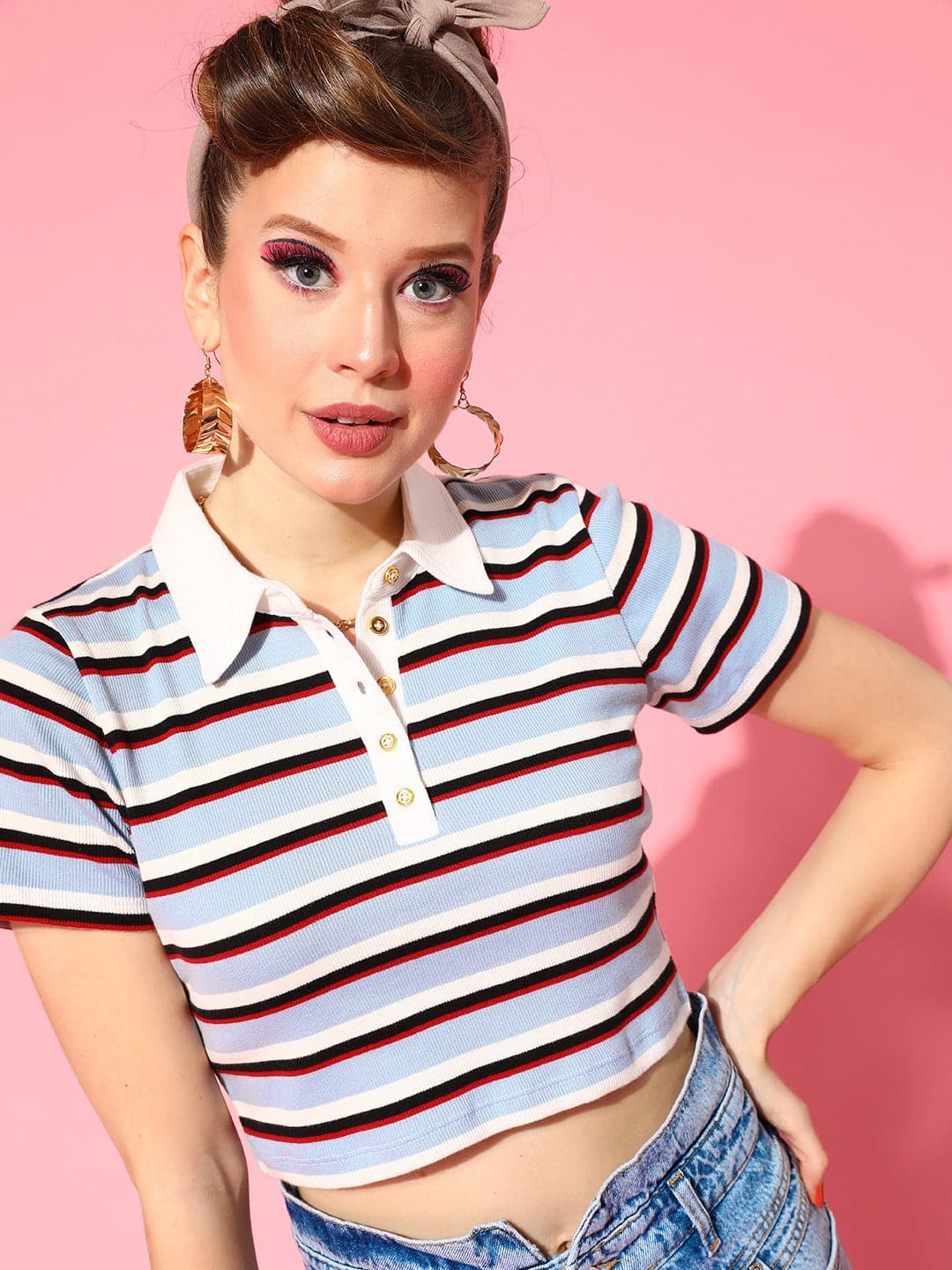 Buy Blue Multi Striped Crop Polo T-Shirt Online At Best Price