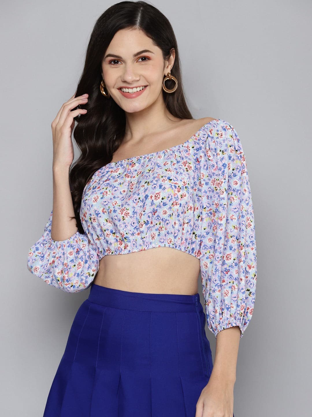Women Blue Ditsy Floral Off Shoulder Crop Top-Tops-SASSAFRAS