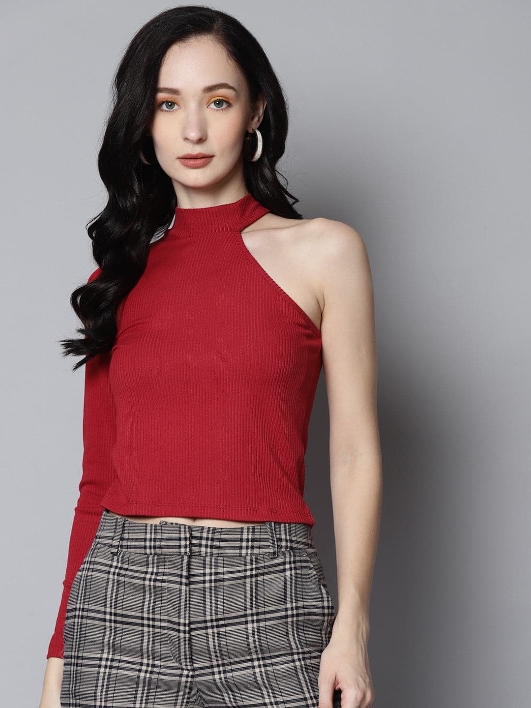 Women Red Rib One Shoulder Collar Crop Top-Tops-SASSAFRAS