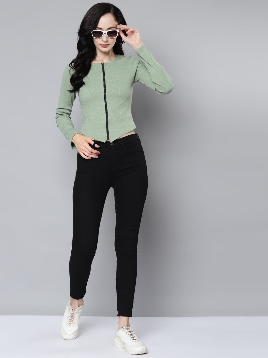 Women Olive Rib Long Sleeve Front Zip Top-Tops-SASSAFRAS