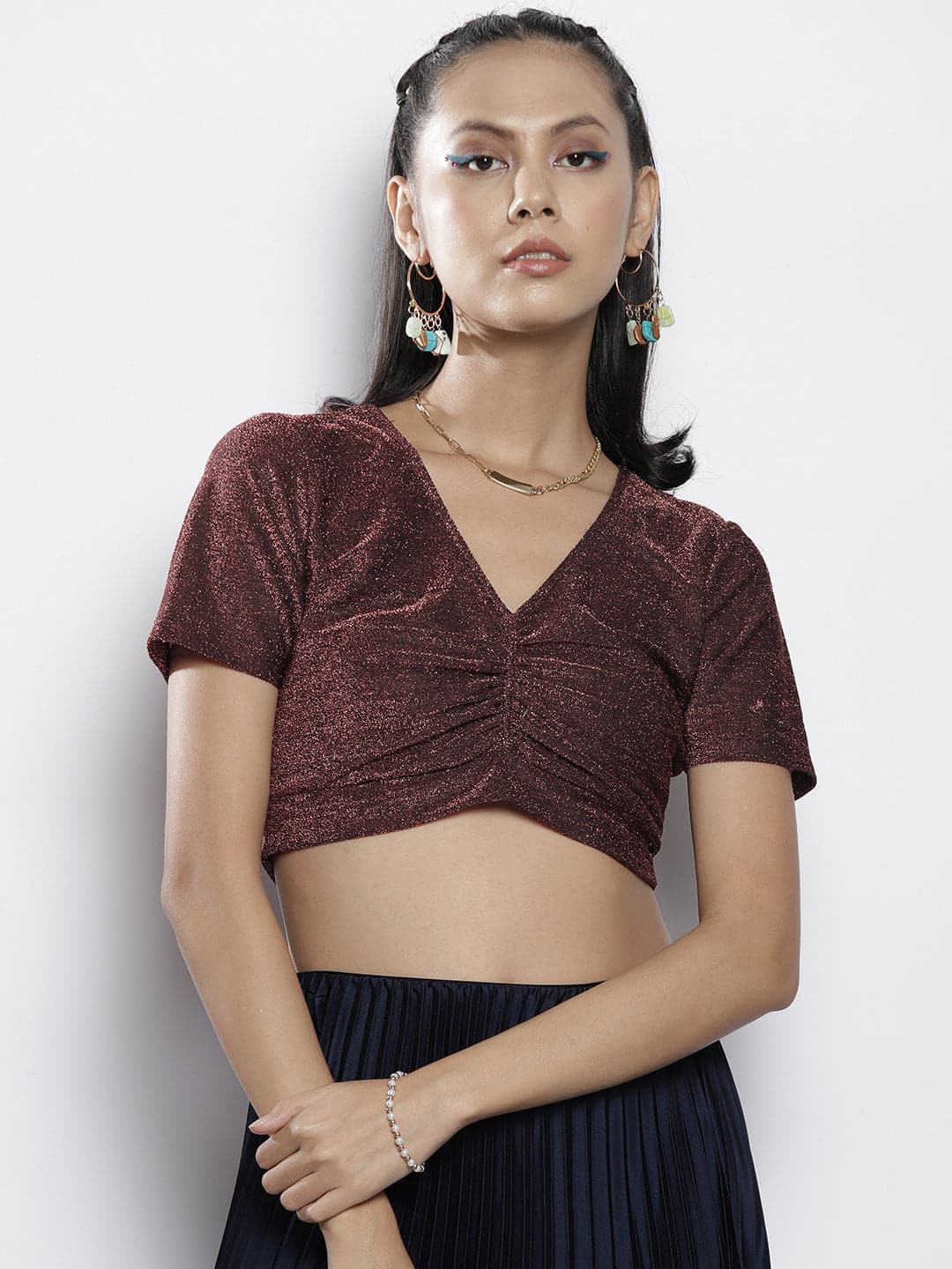 Pink Lurex Front Ruched Crop Top-SASSAFRAS
