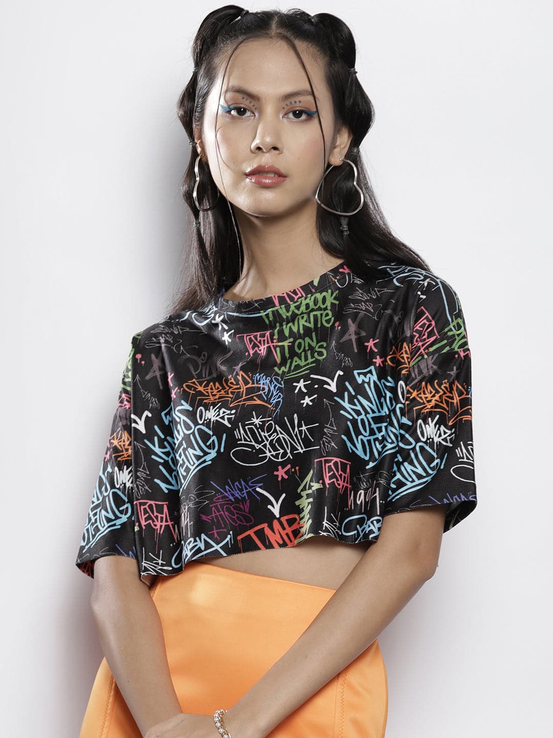 Black Text Print Boxy Crop Top-SASSAFRAS