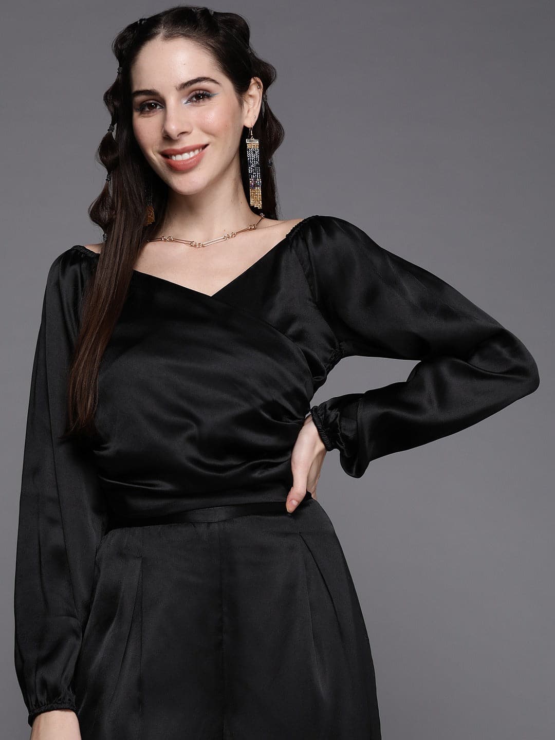 Black Satin Gathered Crop Bustier Top-SASSAFRAS