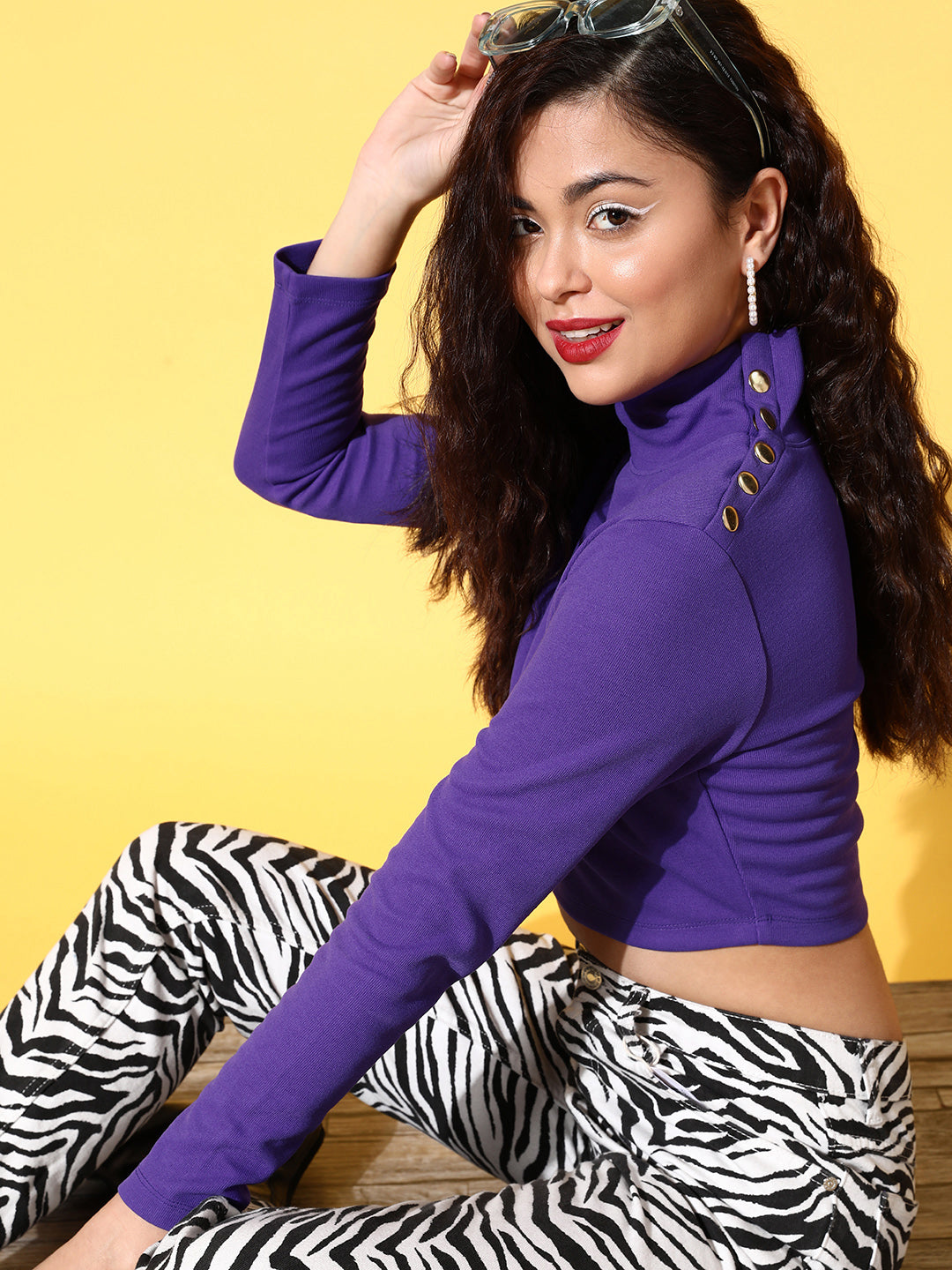 Purple Rib High Neck Crop Top-SASSAFRAS