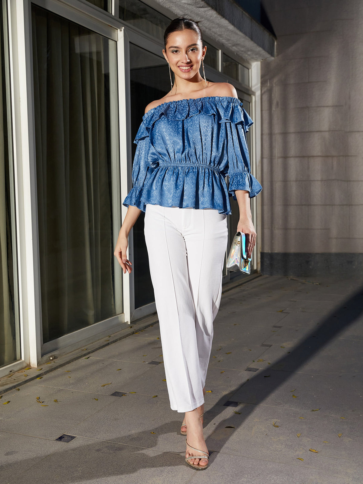 Blue Jacquard Off Shoulder Frilly Peplum Top-SASSAFRAS