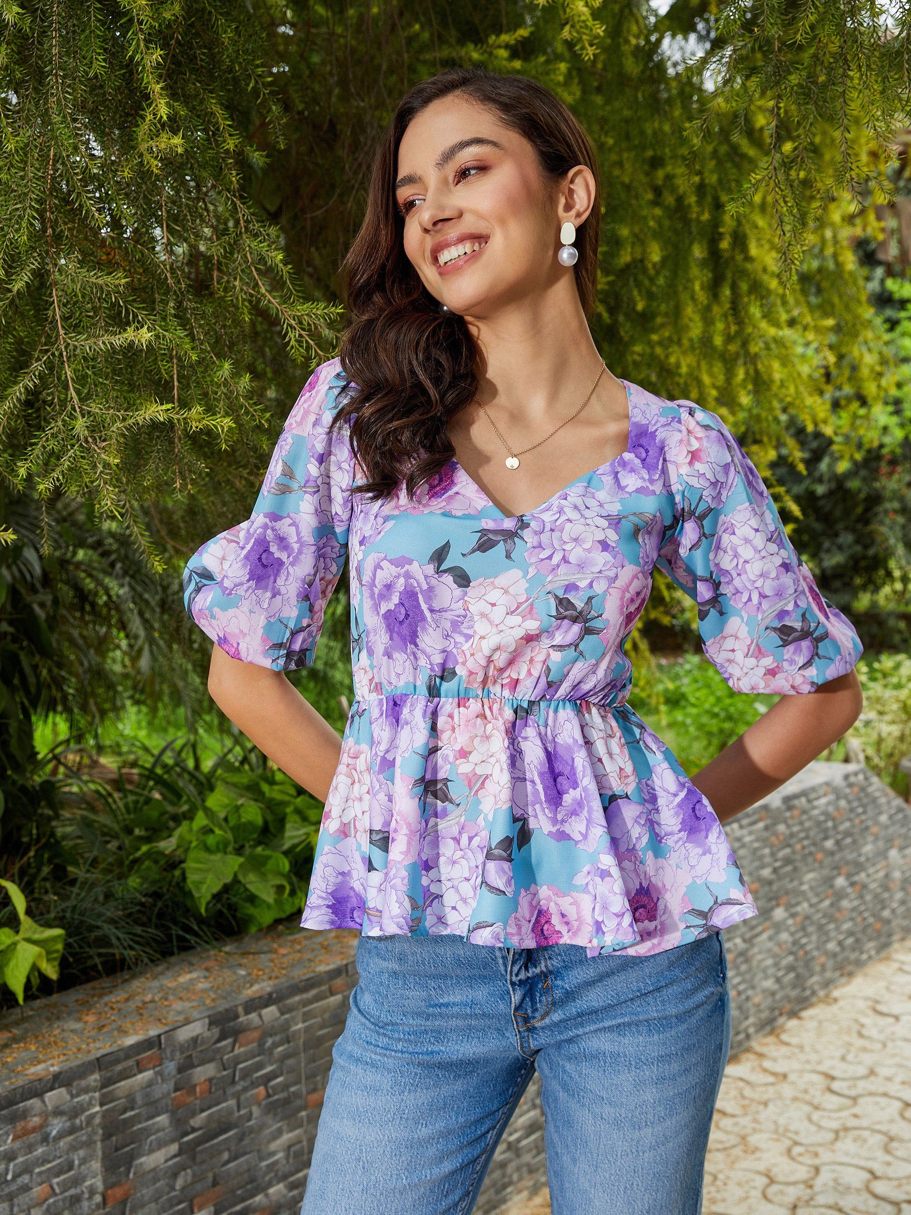 Turquoise Floral Back Criss Cross Peplum Top-SASSAFRAS