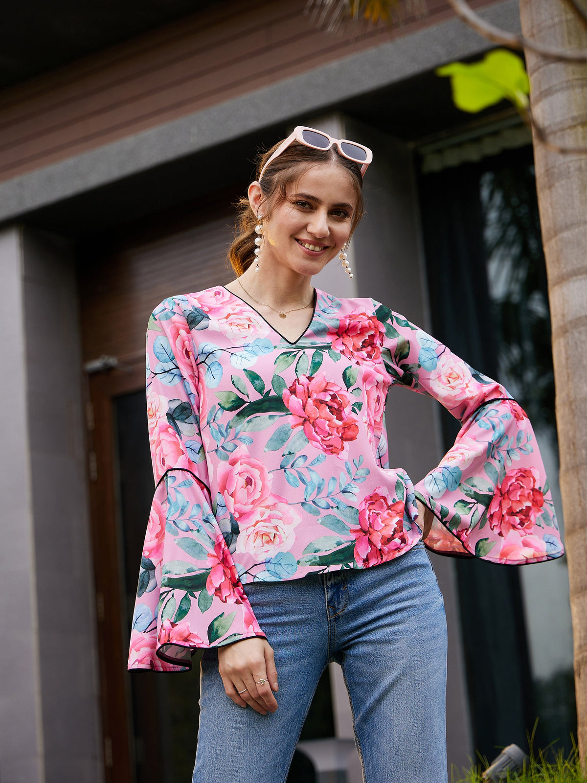 Rose Floral Bell Sleeves Regular Top-SASSAFRAS