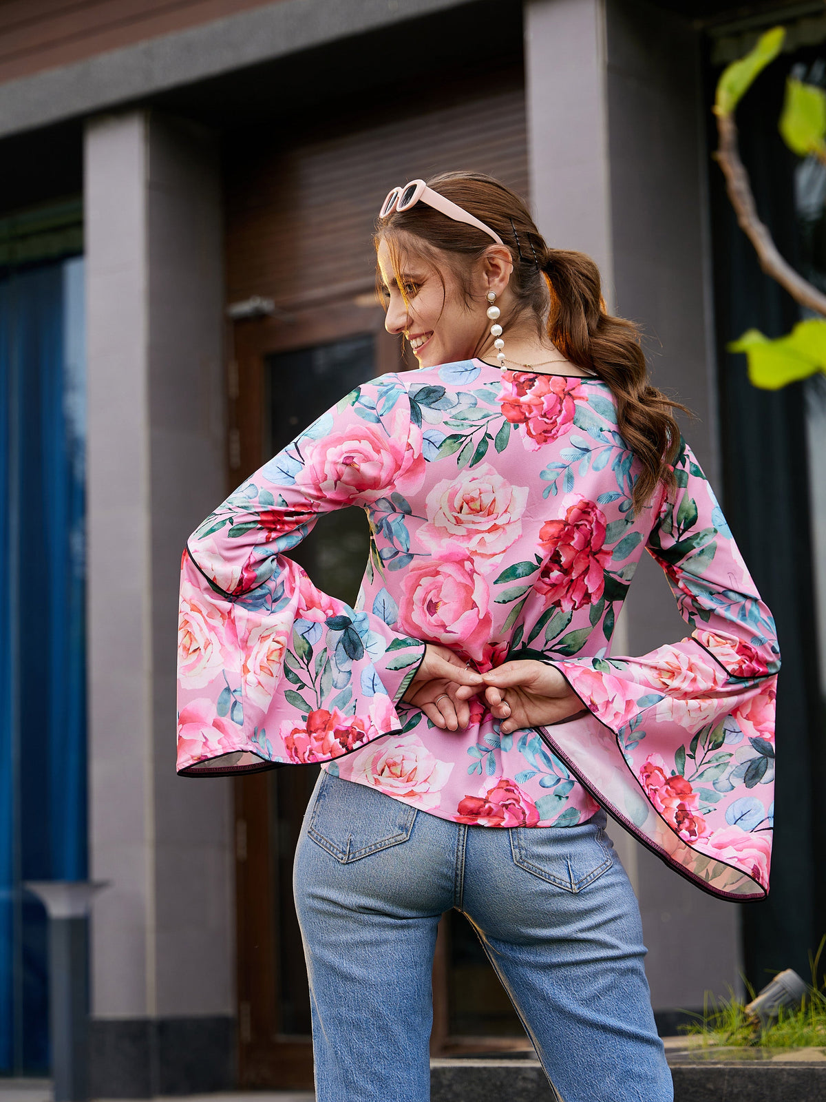 Rose Floral Bell Sleeves Regular Top-SASSAFRAS
