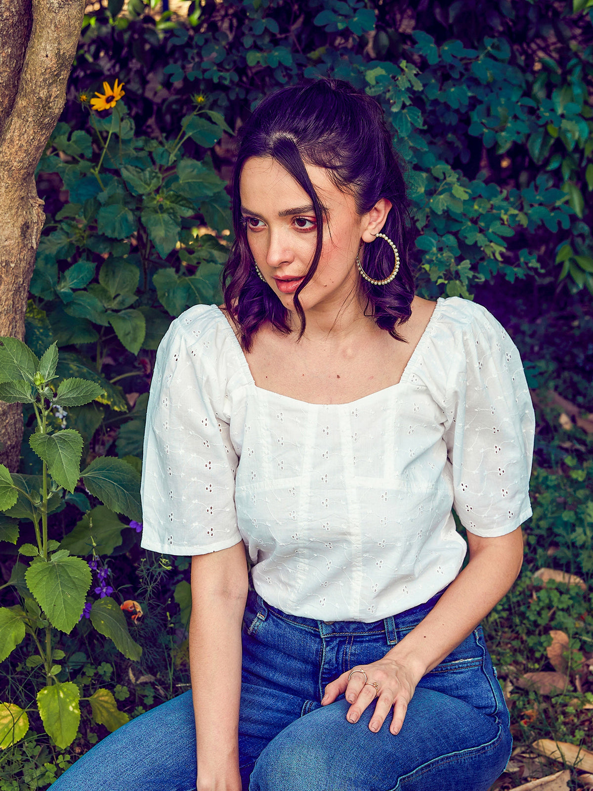 White Schiffli Square Neck Smoked Top-SASSAFRAS