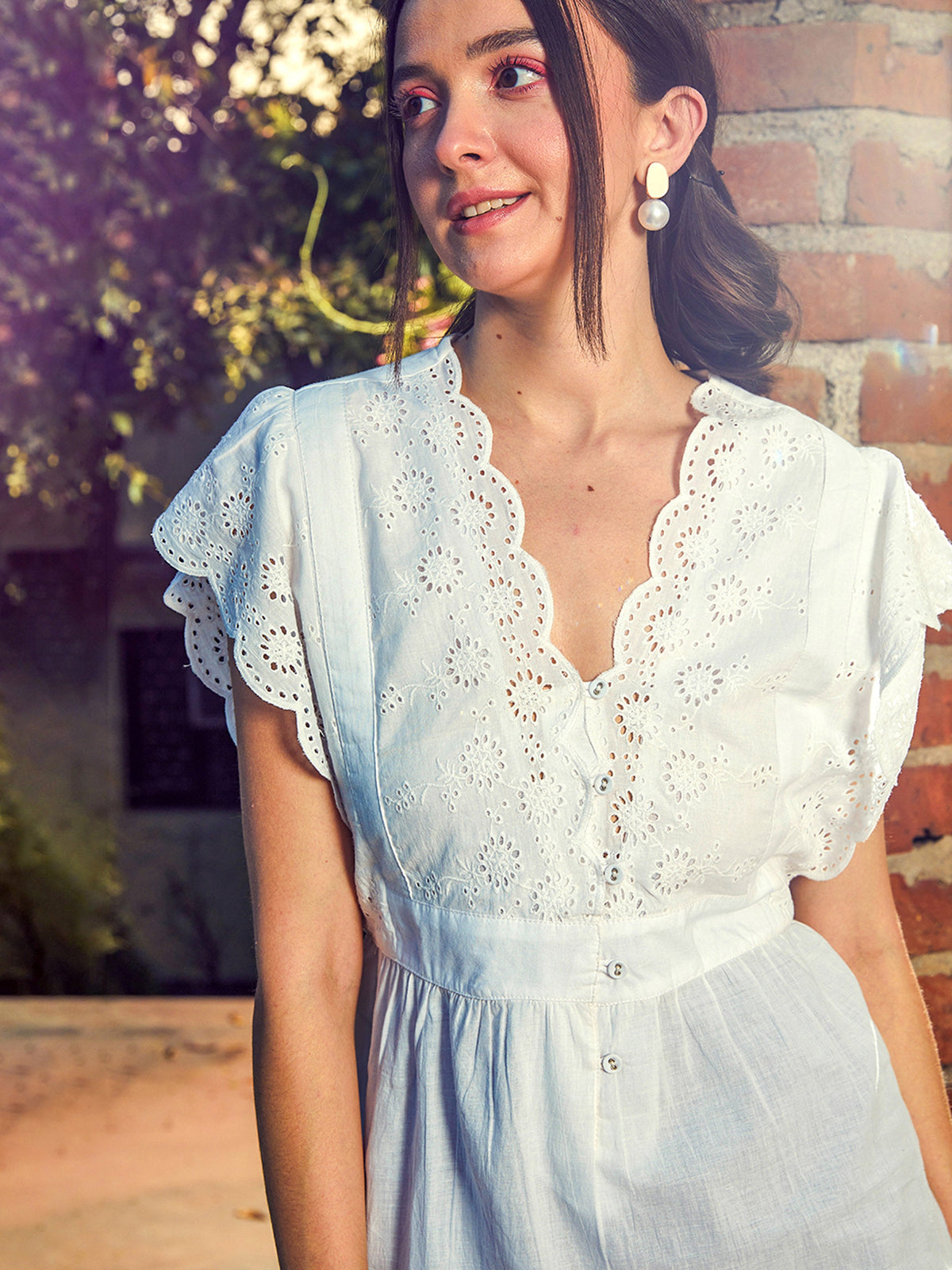 White Schiffli V-Neck Top-SASSAFRAS