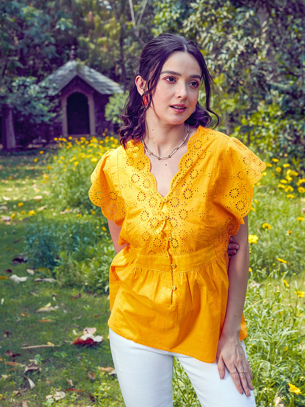 Mustard Schiffli V-Neck Top-SASSAFRAS