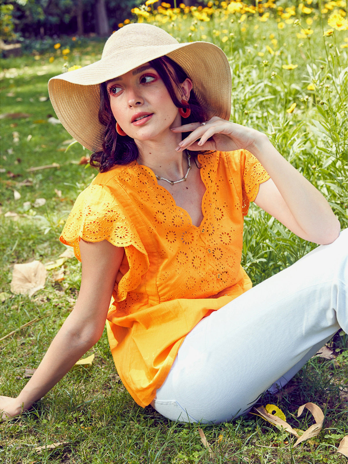 Mustard Schiffli V-Neck Top-SASSAFRAS