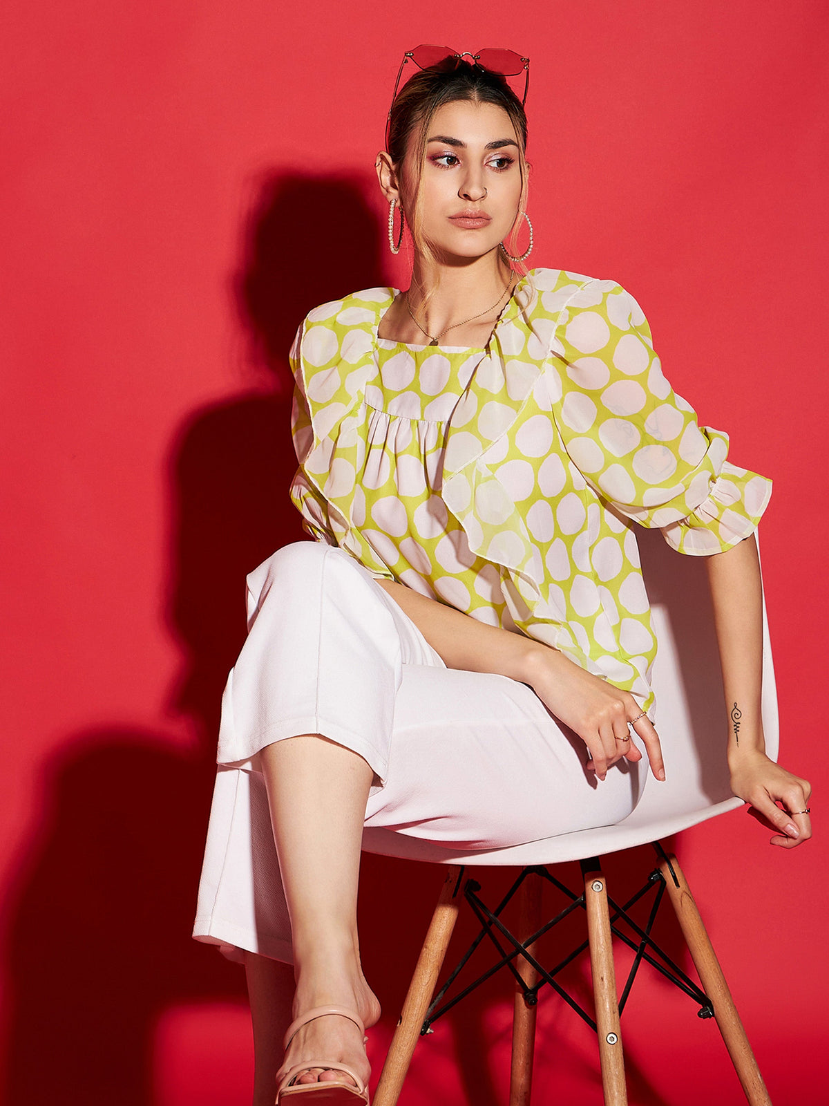 Green Polka Dot Square Neck Frill Detail Top-SASSAFRAS