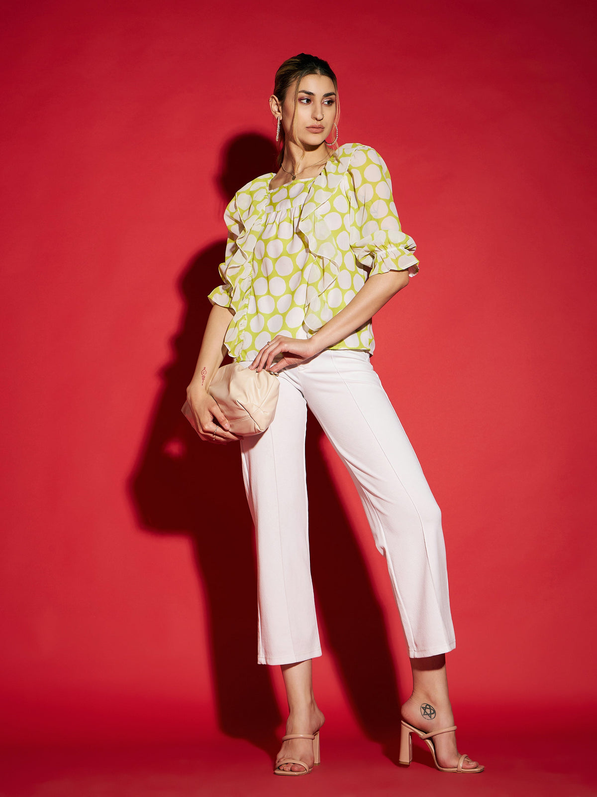 Green Polka Dot Square Neck Frill Detail Top-SASSAFRAS