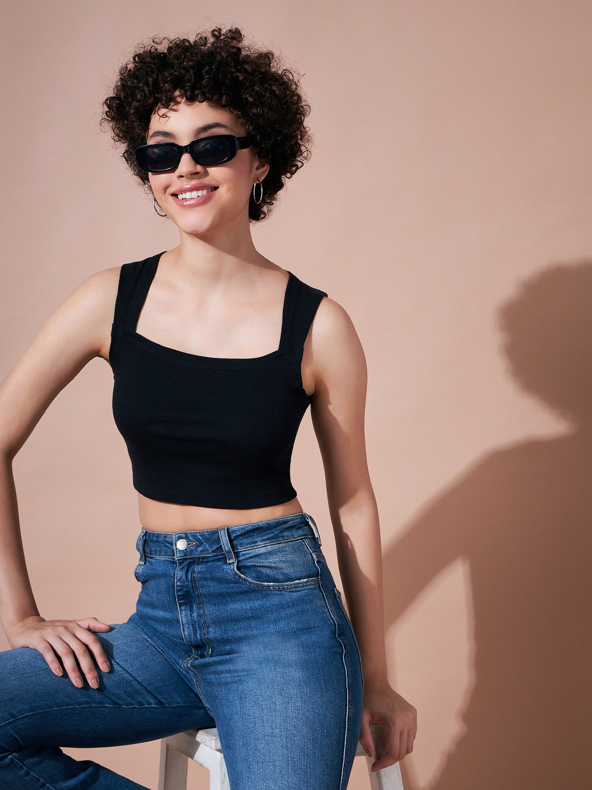 Black Rib Rhombus Neck Ribbed Crop Top-SASSAFRAS BASICS